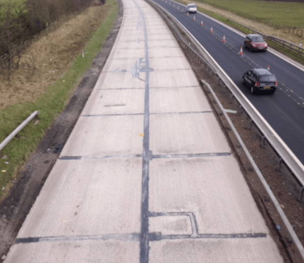 concrete joint repairs prior to overlay Road crack and joints repaired with Jointmaster BBA HAPAS approved system from Rhino Asphalt Solutions