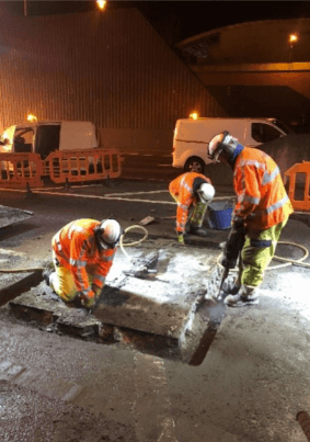 Ironmaster repairing modular, multi-span highway ironwork in tunnels and highway carriageways by Rhino Asphalt Solutions