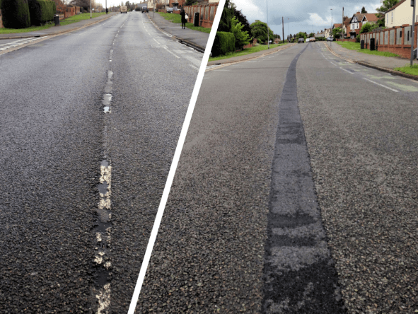 Overband and fill and overband for Road crack and joints repaired with Jointmaster BBA HAPAS approved system from Rhino Asphalt Solutions