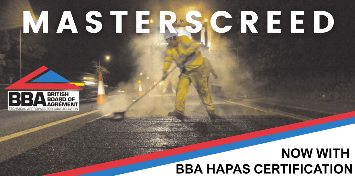 BBA HAPAS approved Masterscreed hot screed road repair system from Rhino Asphalt Solutions with BBA HAPAS approval