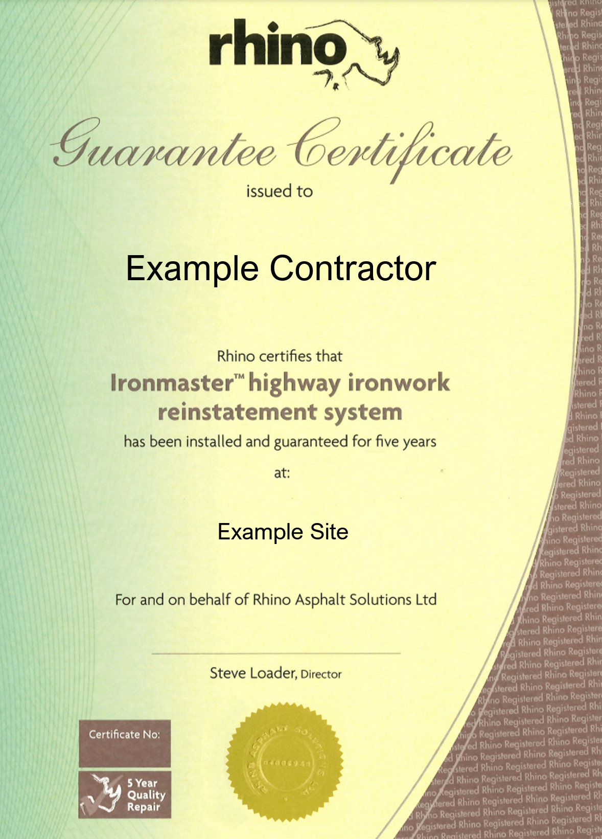 Rhino Asphalt Solutions Ironmaster guarantee certificate