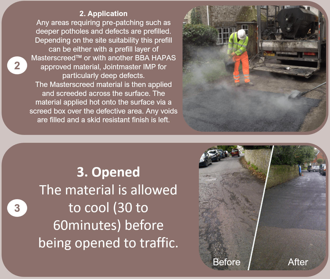 BBA HAPAS approved Masterscreed hot screed road repair system from Rhino Asphalt Solutions with BBA HAPAS approval 